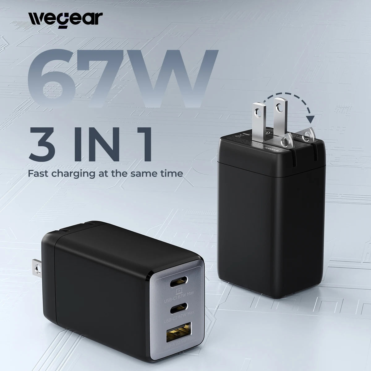 wegear 67W USB C charger 3-Port GaN Fast Compact Foldable for iPhone 17/16 Series for Galaxy for iPad Compatible with MagSafe