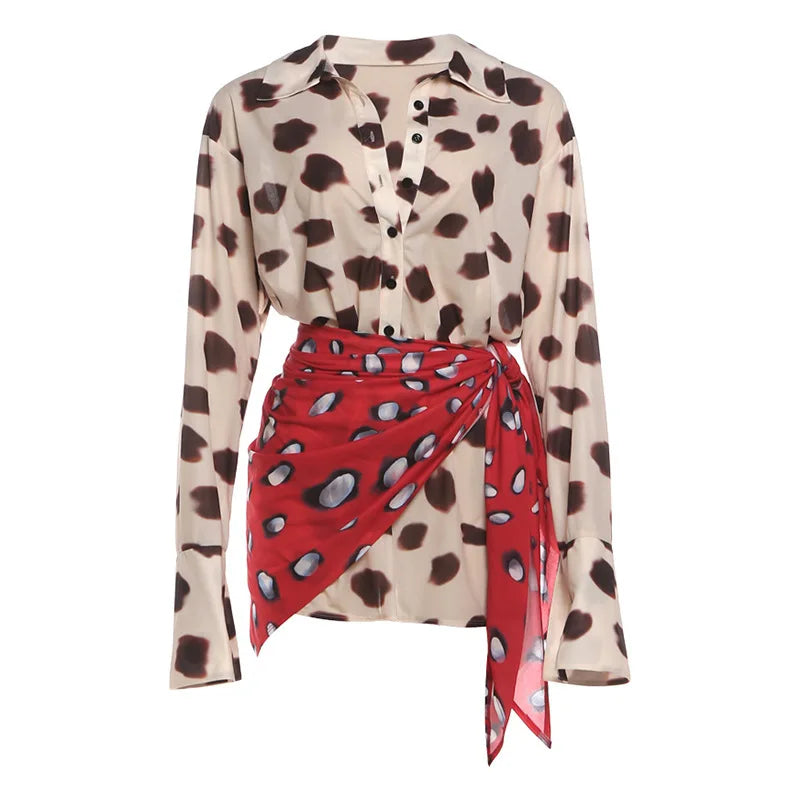 Fashion Retro Polka Dot Sheer Two Piece Set Sexy Women V-neck Lapel Long Flare Sleeve Dress Wrap Tie Sets Layered Ootd Styling
