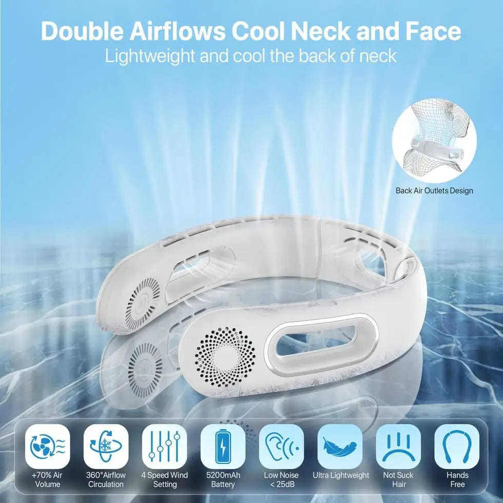 Neck Fan, Bladeless Neck Fans Portable Rechargeable, 360° Cooling Neck Fan Air Conditioner, 4 Speeds, 5200 mAh Battery