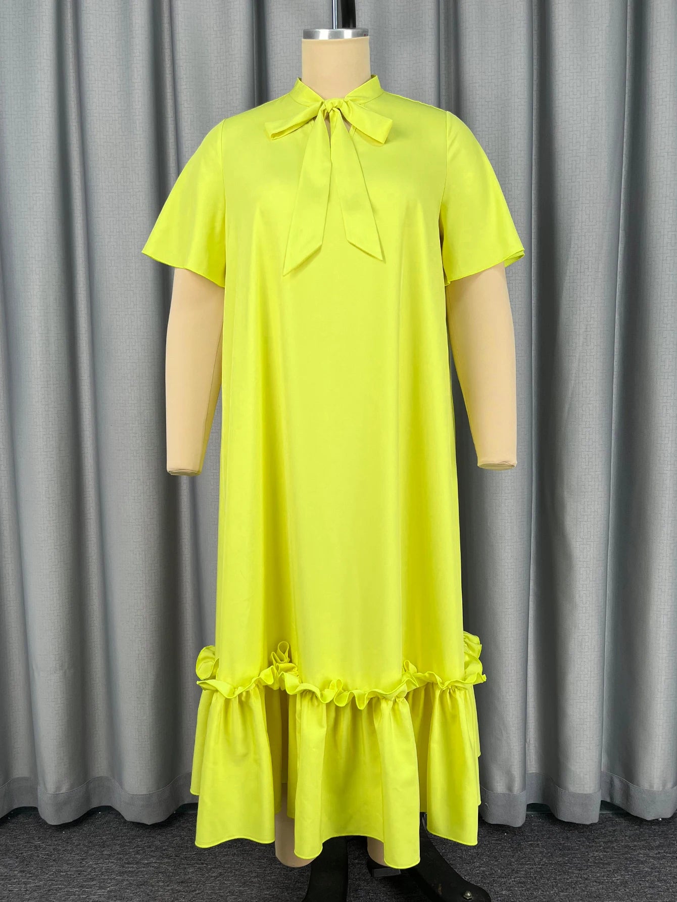 Elegant Women Straight Dress Bow Collar Short Sleeves Loose Long Ruffles Hem Africa Simple Solid Church Causal Daily Wear New