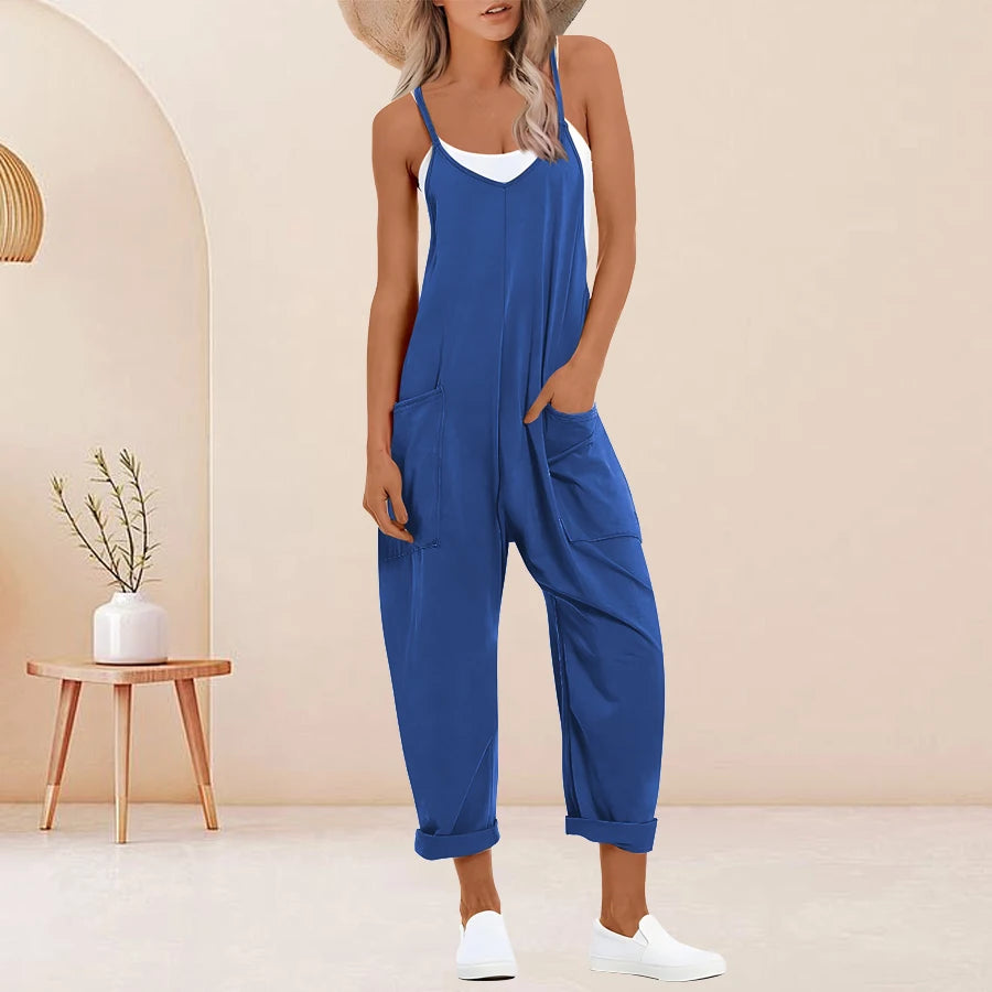 Plus Size Solid Sleeveless V Neck Jumpsuit with Slip Pockets, Casual Women's Clothing
