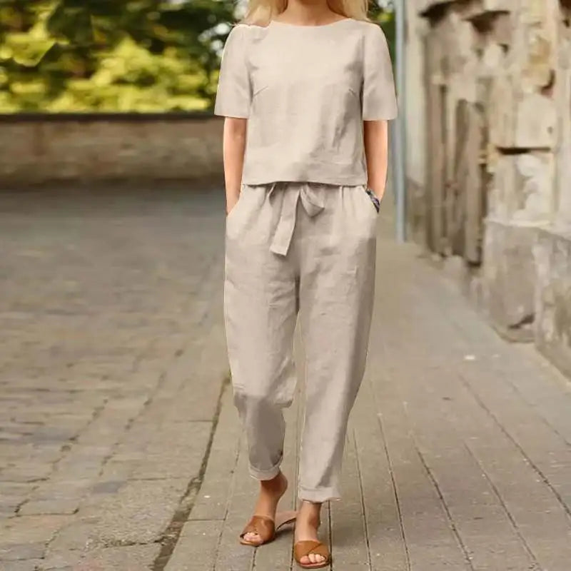 Women's Cotton Linen Summer 2-Piece Set Short Sleeve O-Neck Top & High Waist Drawstring Wide Leg Pants Set Retro Loungewear