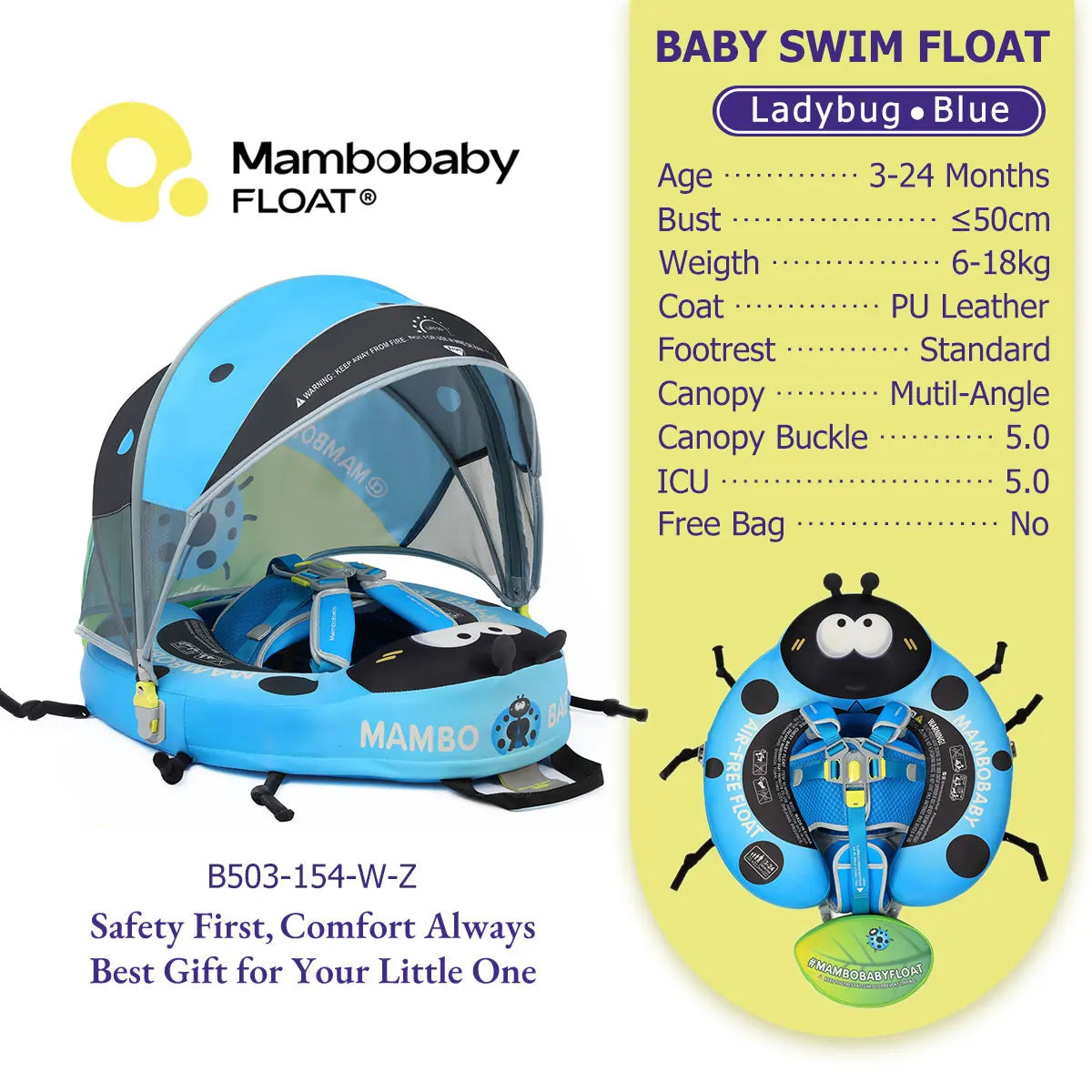 Mambobaby Pool Float With Safety Belt Non Inflatable Canopy Baby