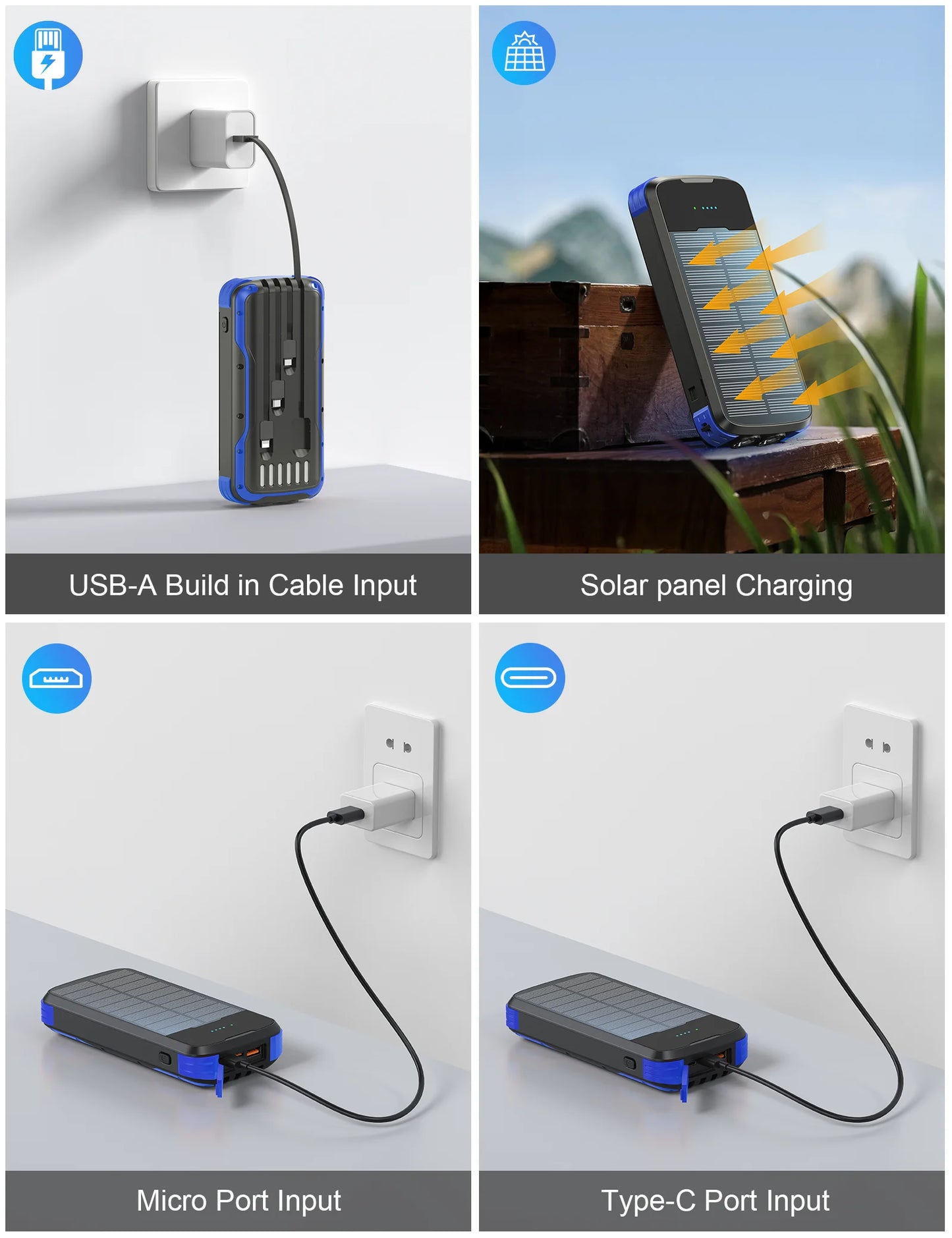 40000mAh Solar Charger,22.5W USB + 20W Type-C PD Fast Charging,Built-in 4 Cables, LED Flashlight, Portable Power Bank for Phones