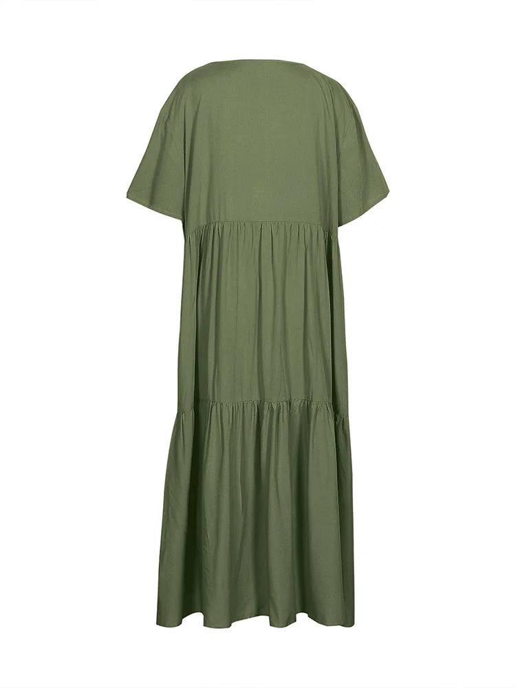 plus Size Women's Casual Loose V-Neck Solid Long Dress Spring Summer Pleated Big Size Women's Dress
