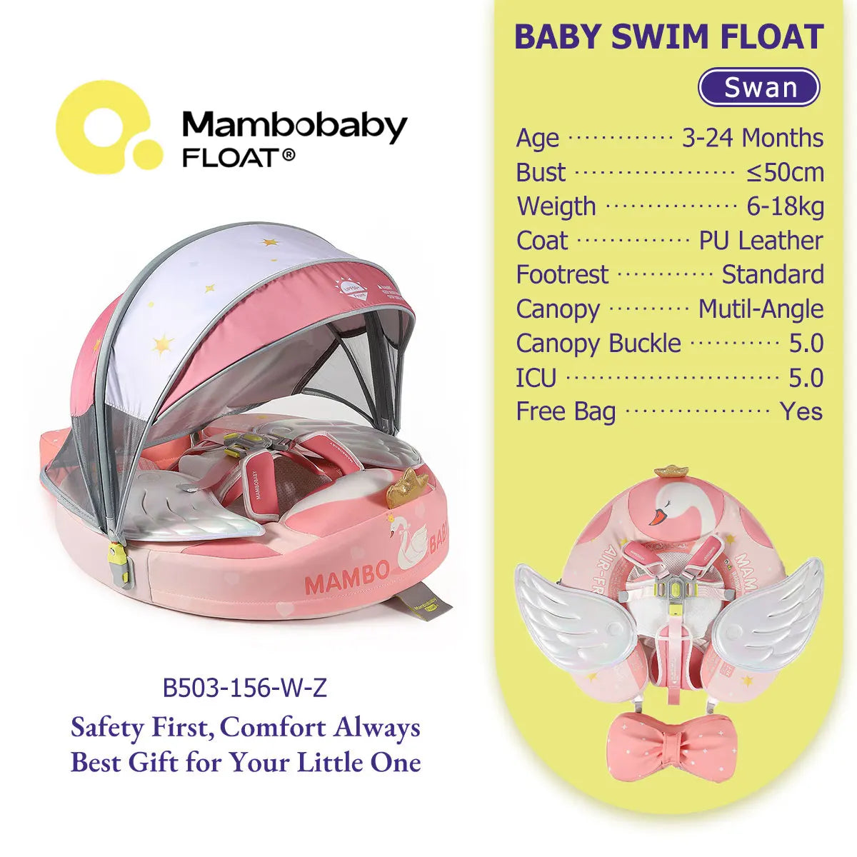 Mambobaby Pool Float With Safety Belt Non Inflatable Canopy Baby