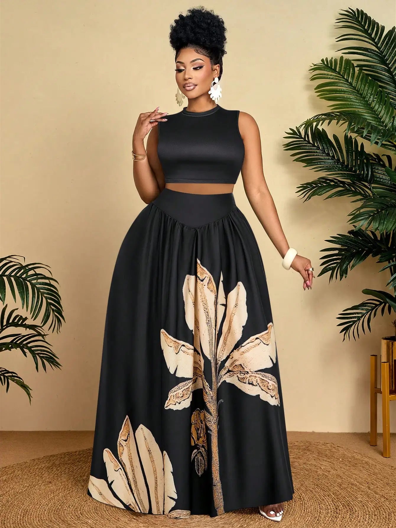 Plus Size Women Sleeveless Crop Top And Tropical Print Maxi Skirt 2 Piece Set Summer Vacation Outfit