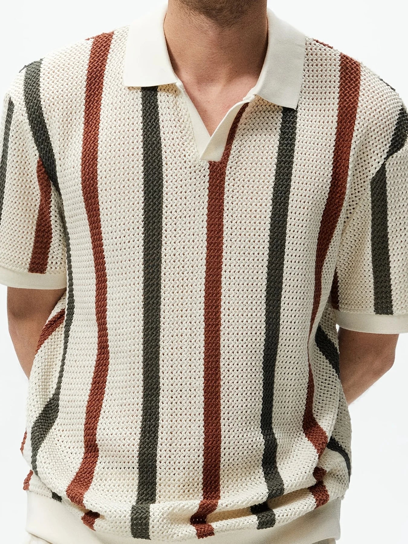 Men's Summer Chunky Knit Short-Sleeve Polo Shirt With Stripes And Contrast Colors, Casual Wear For Daily Outings