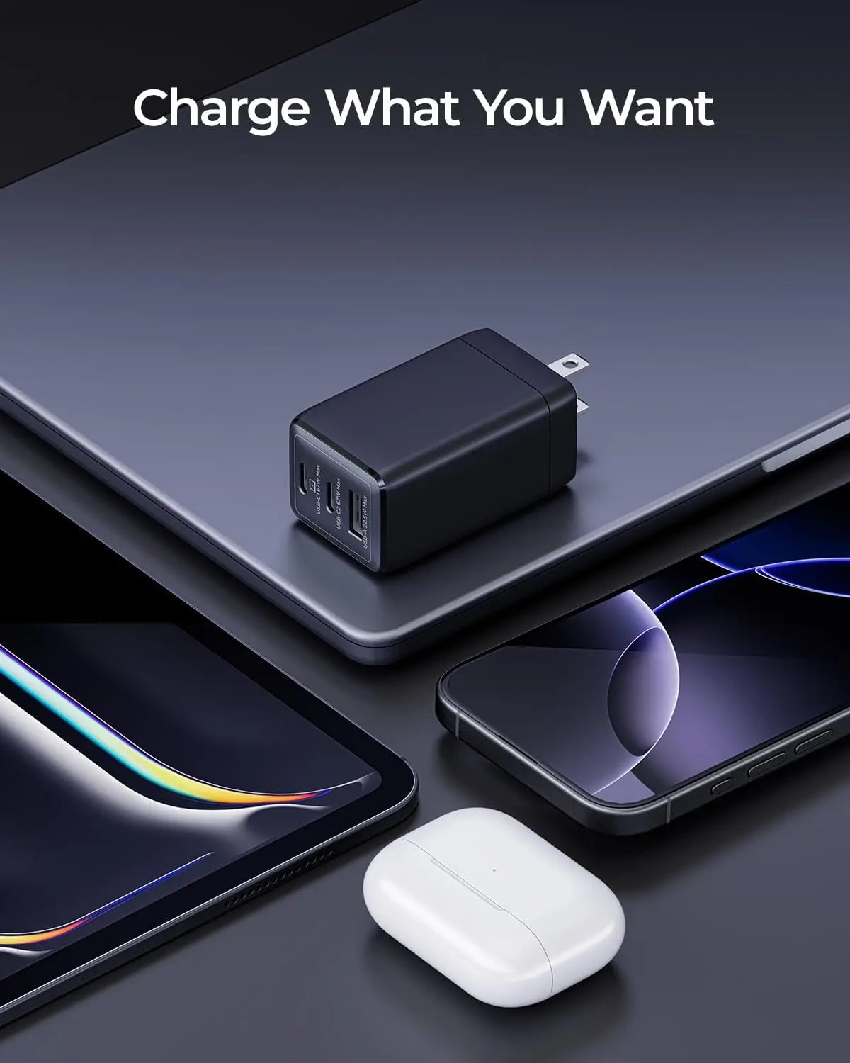 wegear 67W USB C charger 3-Port GaN Fast Compact Foldable for iPhone 17/16 Series for Galaxy for iPad Compatible with MagSafe