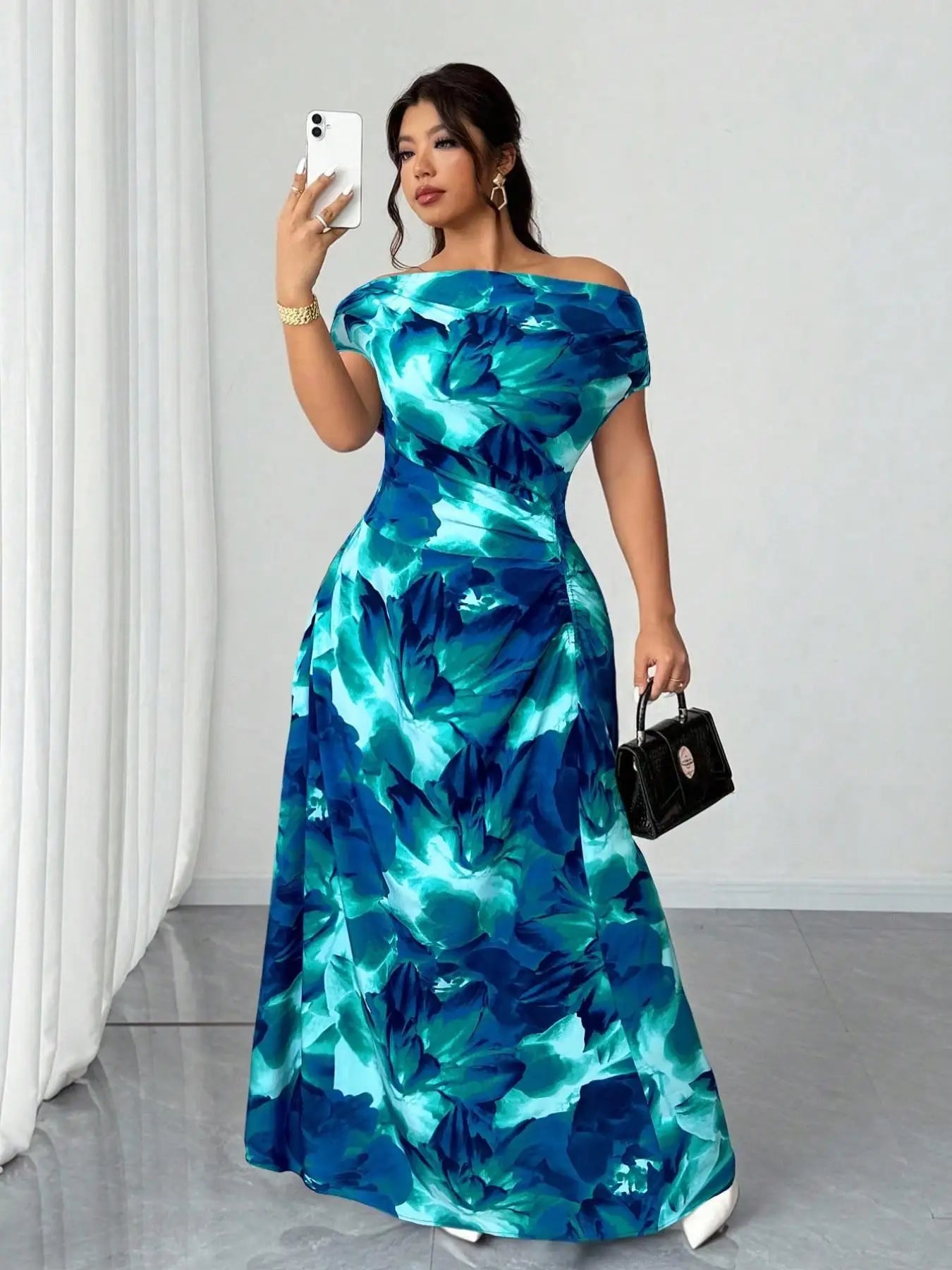Plus Size One-Shoulder Dress, Bold All-Over Print, Fitted Waist Pleated Satin Midi, Elegant Party Evening Gown, Sleeveless