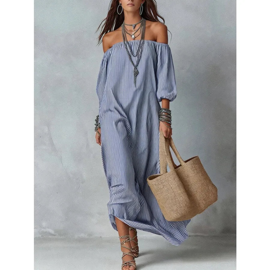 【New style】2026 new style in stock - European and American spring and summer elegant stripe off-the-shoulder loose vacation fas
