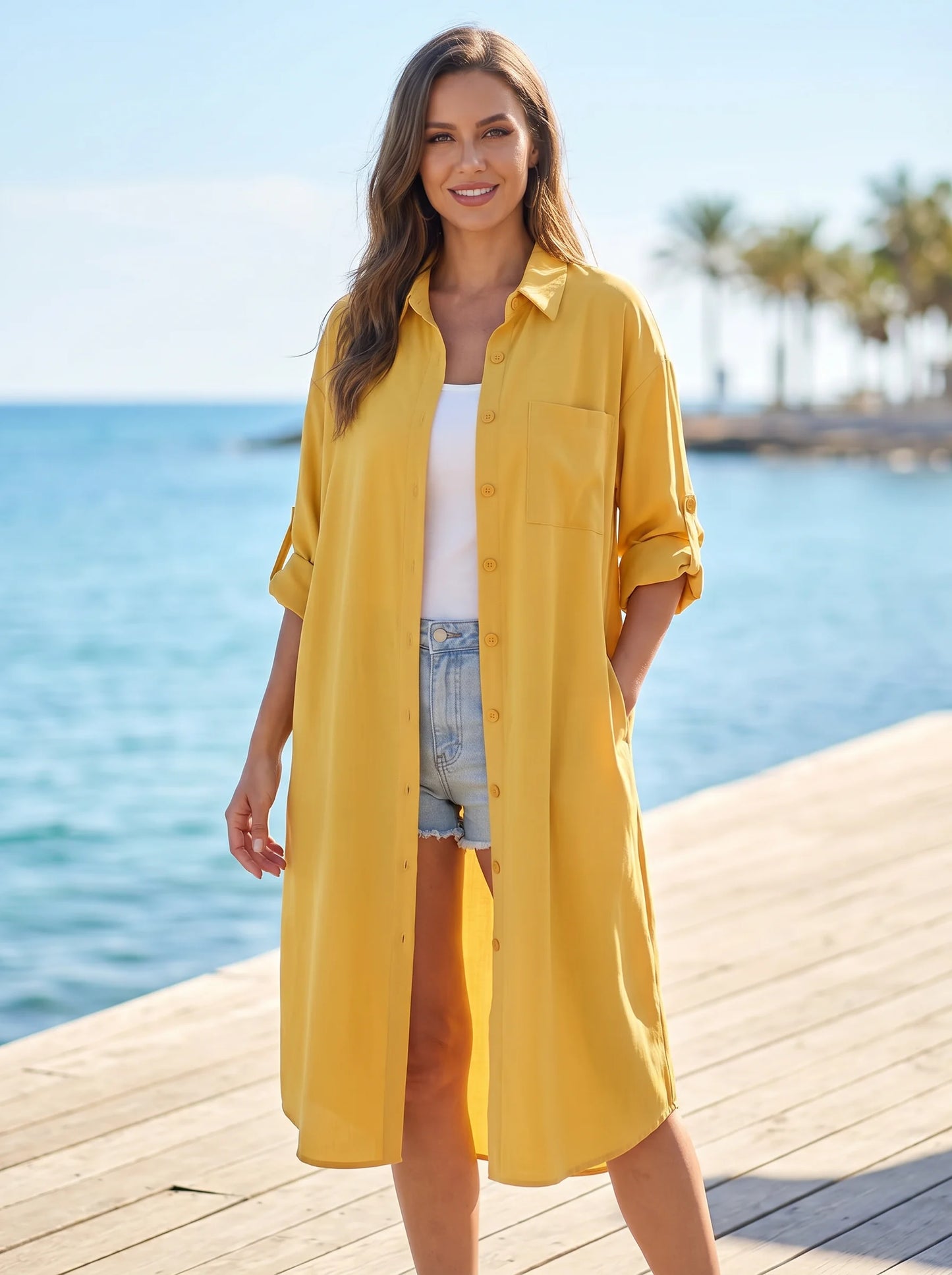 Rosa fera Plus Size Women's Longline Shirt, Roll Up Long Sleeve Button Front High Low Hem Loose Fit Blouse with Pocket