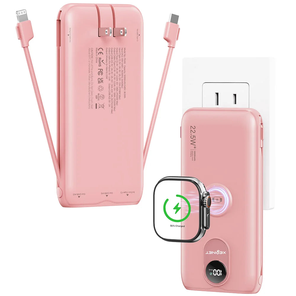 10000mAh Power Bank with AC Wall Plug,22.5W SCP/20W PD Fast Charging,Built-in Cables,Wireless Charger for Apple Watch