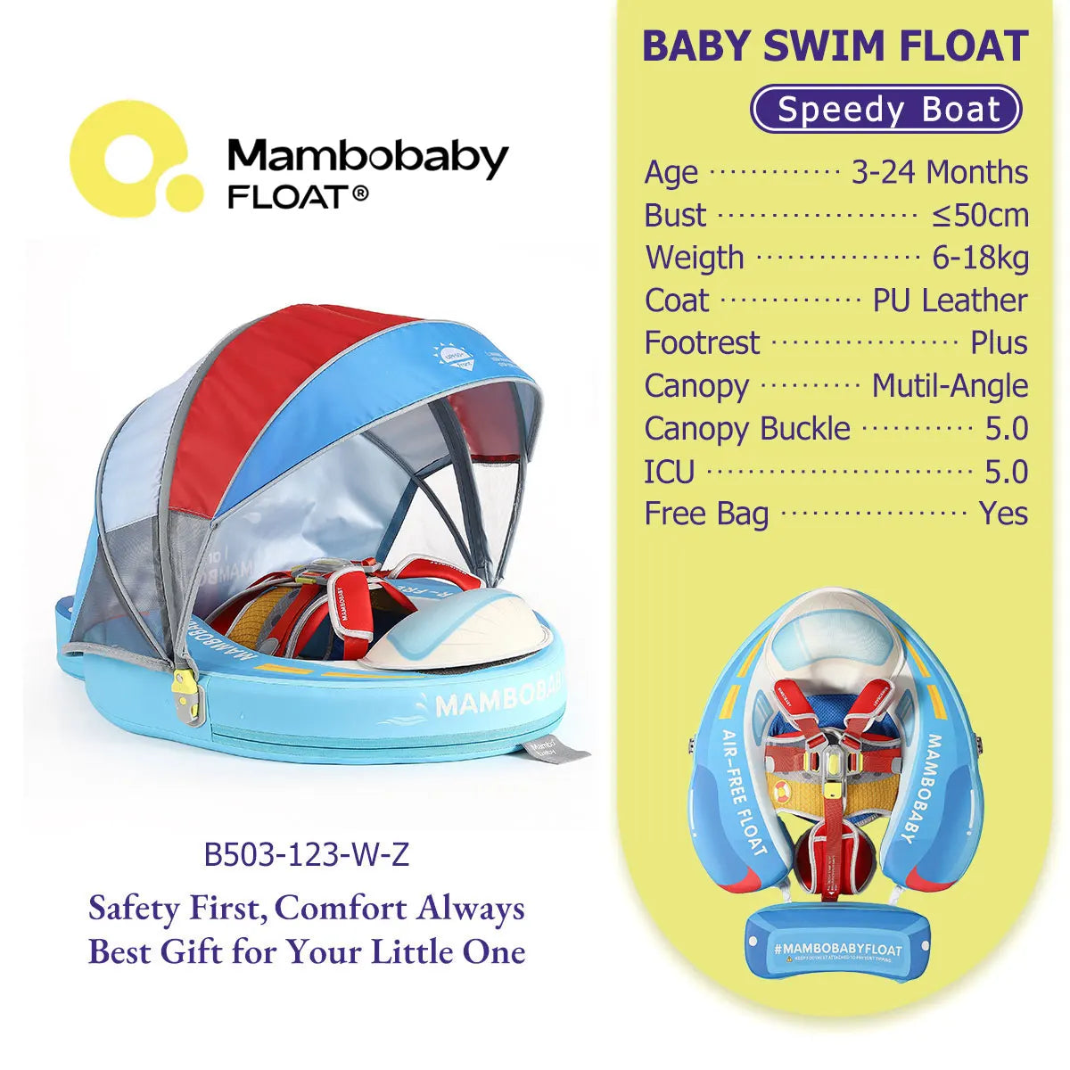 Mambobaby Pool Float With Safety Belt Non Inflatable Canopy Baby