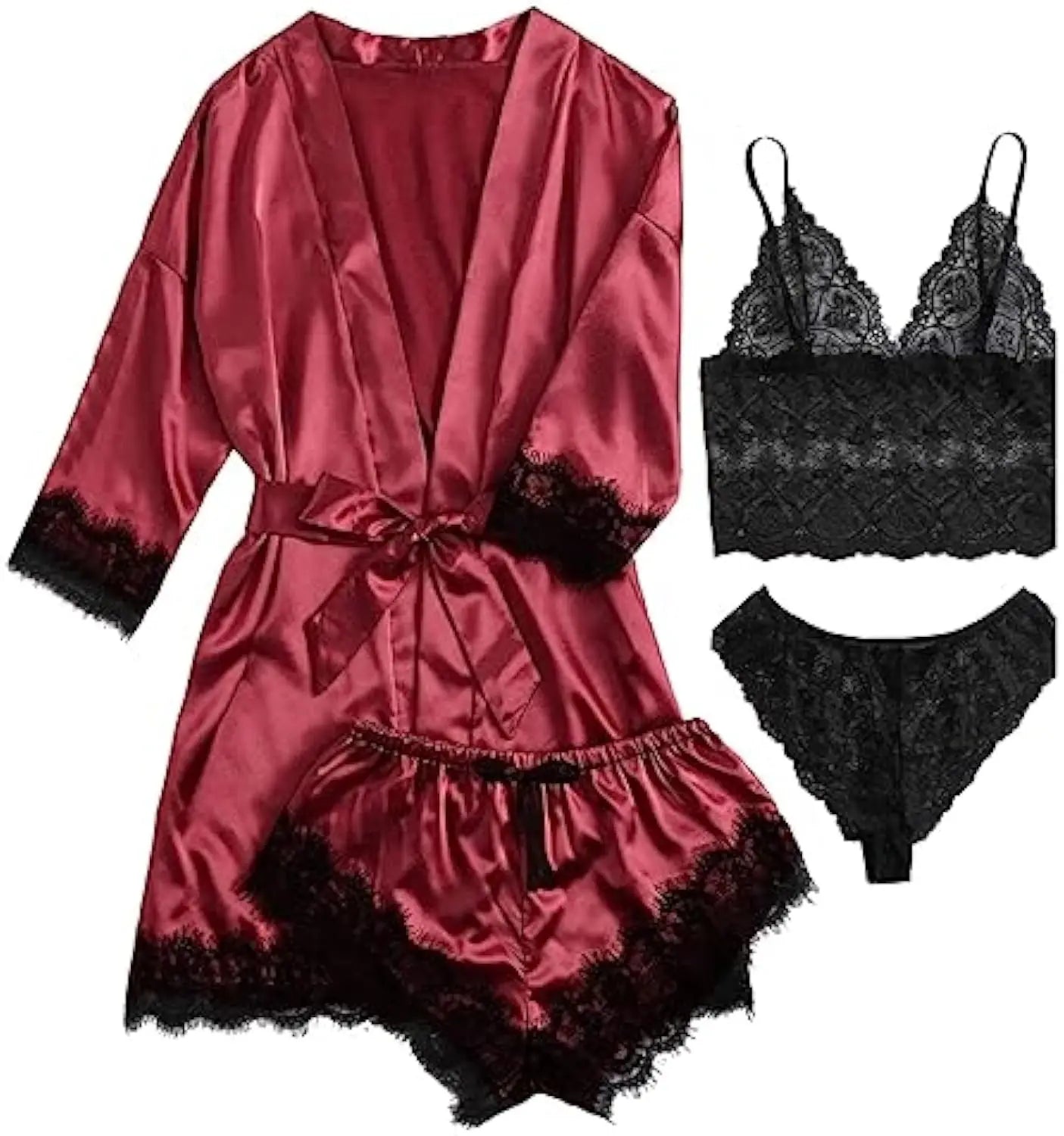 Satin Lace Lingerie Set With Robe Bralette Shorts Panty