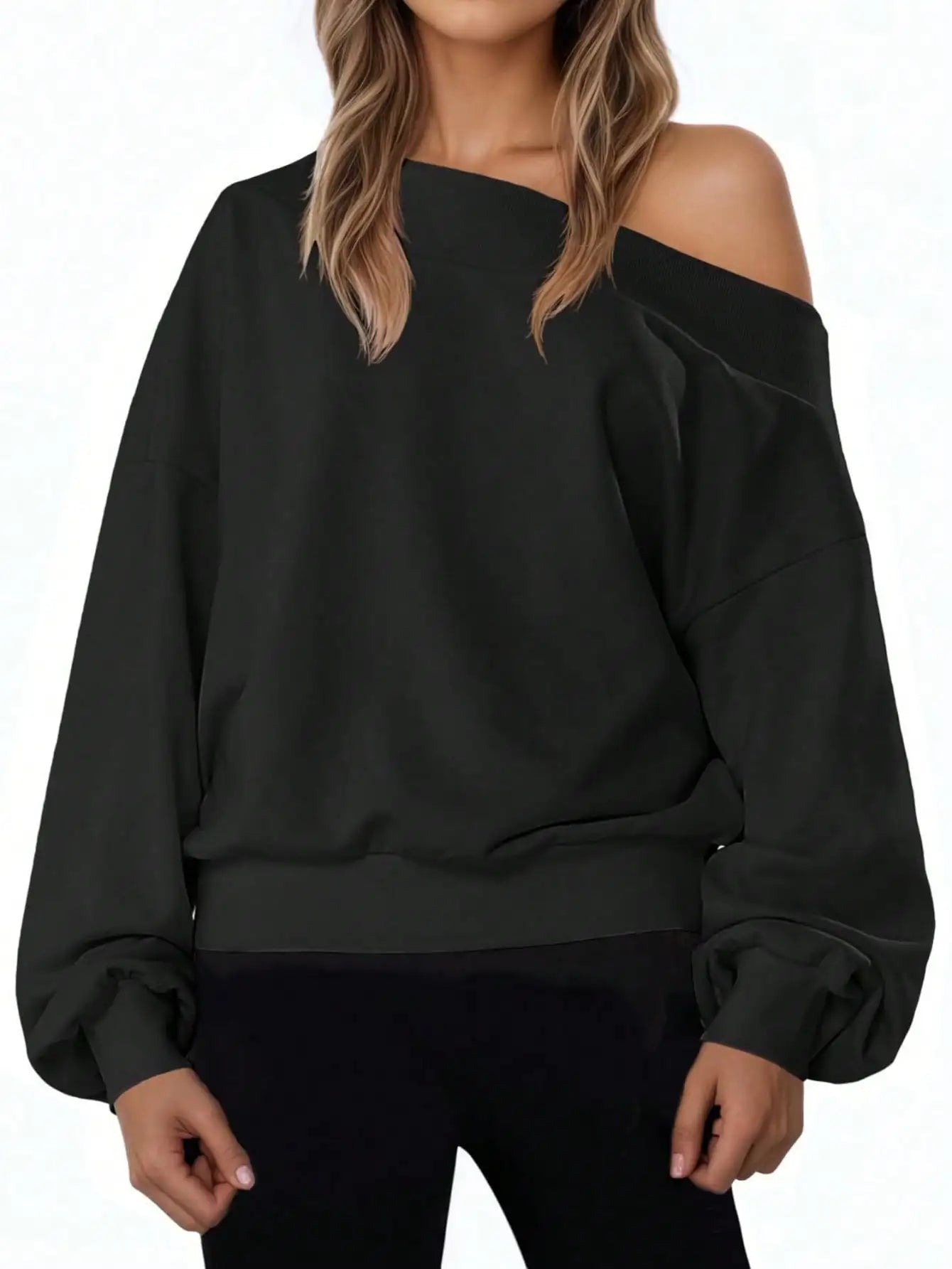 Fisoew Off Shoulder Sweatshirt - Oversized Long Sleeve Pullover | Loose Fit Casual Top | Fall Cozy Streetwear Basic Clothes