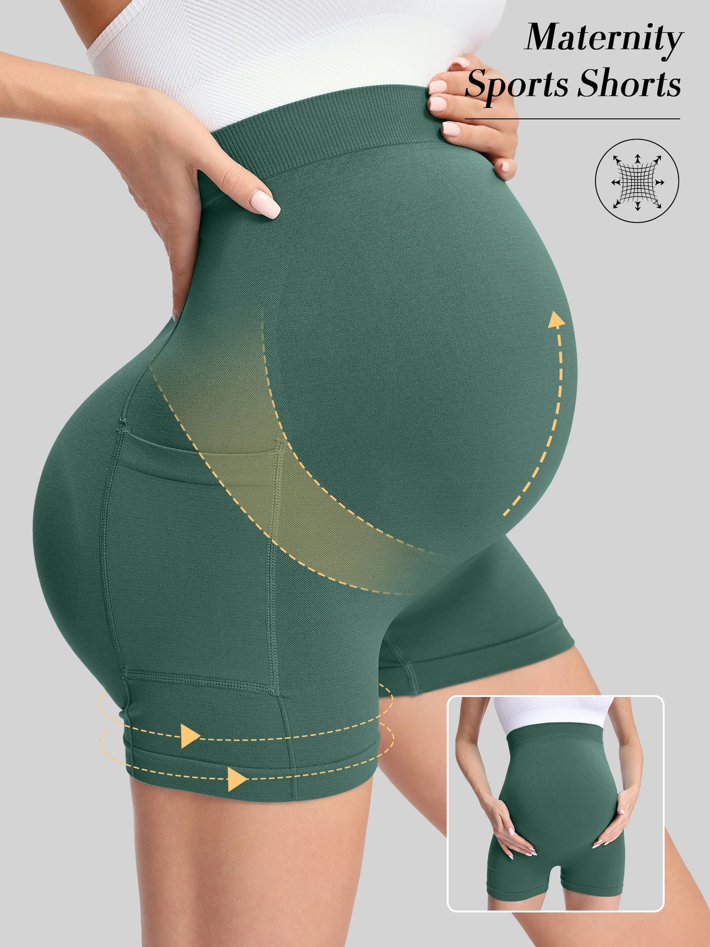 Pregnant women's three part pants, women's pocket shorts, pregnant women's high waist and abdominal support exercise yoga shorts