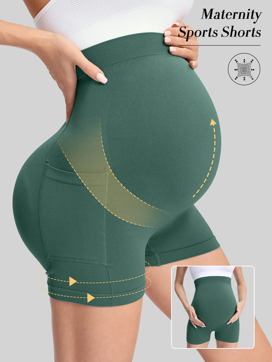 Pregnant women's three part pants, women's pocket shorts, pregnant women's high waist and abdominal support exercise yoga shorts