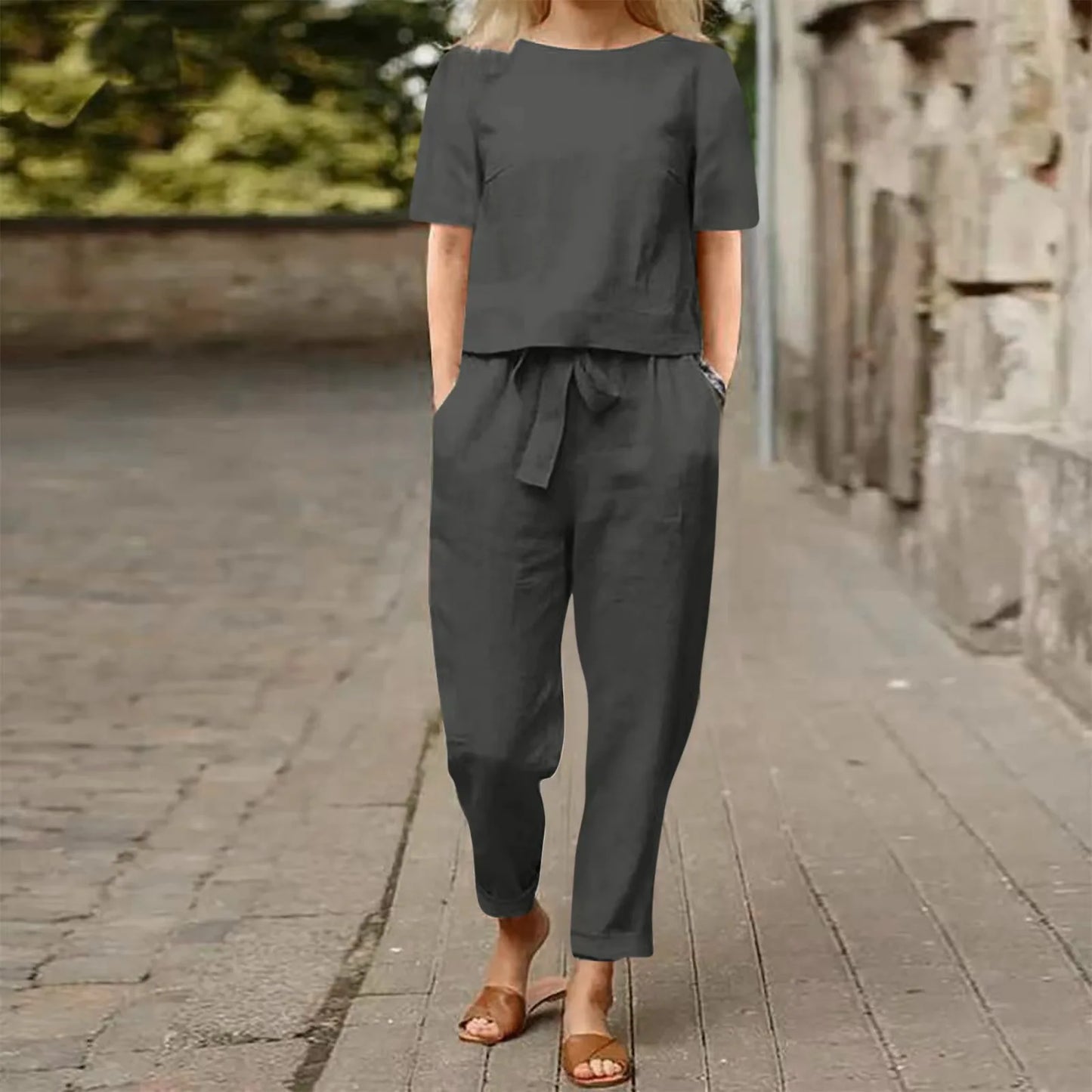 Women's Cotton Linen Summer 2-Piece Set Short Sleeve O-Neck Top & High Waist Drawstring Wide Leg Pants Set Retro Loungewear