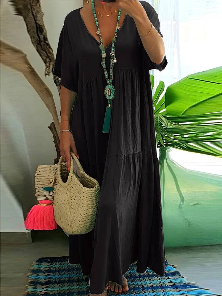 plus Size Women's Casual Loose V-Neck Solid Long Dress Spring Summer Pleated Big Size Women's Dress