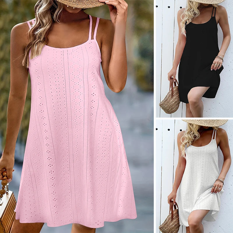 Plus Size Eyelet Jacquard Solid Cami Dress Casual Crew Neck Sleeveless Dress For Spring & Summer Women's Plus Size Clothing