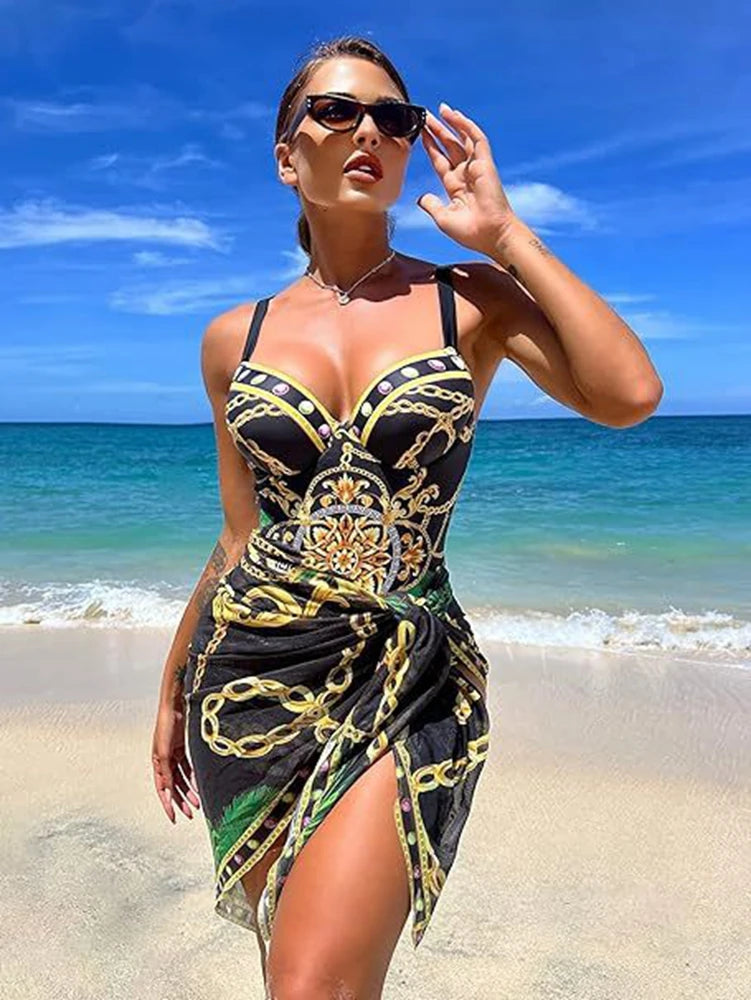 Underwire Women Sexy Swimsuit 2 Piece Swimwear Slim Monokini Chains Print Push Up Bikini Black Blue Green Beachwear Light luxury