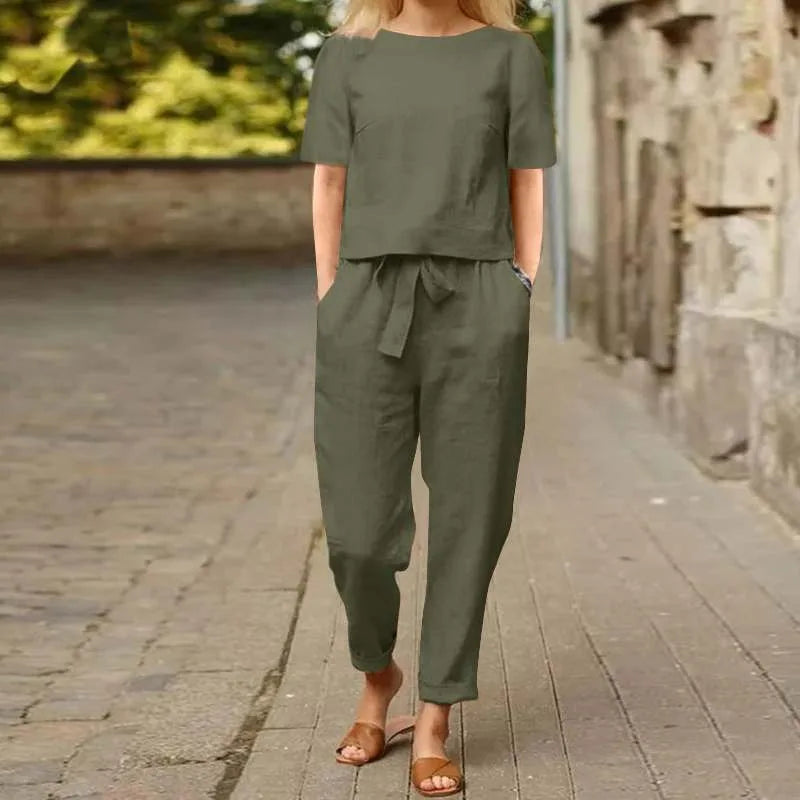 Women's Cotton Linen Summer 2-Piece Set Short Sleeve O-Neck Top & High Waist Drawstring Wide Leg Pants Set Retro Loungewear