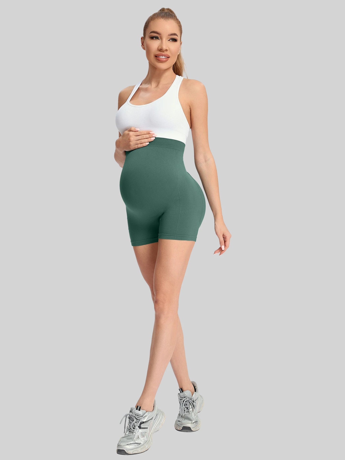 Pregnant women's three part pants, women's pocket shorts, pregnant women's high waist and abdominal support exercise yoga shorts