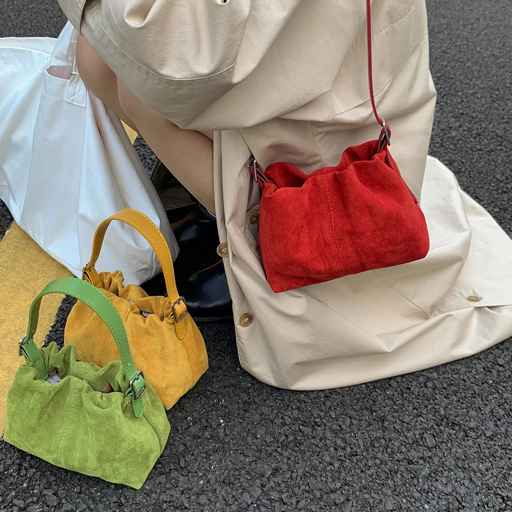 Women Faux Suede Crossbody Bag with Adjustable Strap Drawstring Top Handle Bag Shoulder Handbags for Travel Winter Fall
