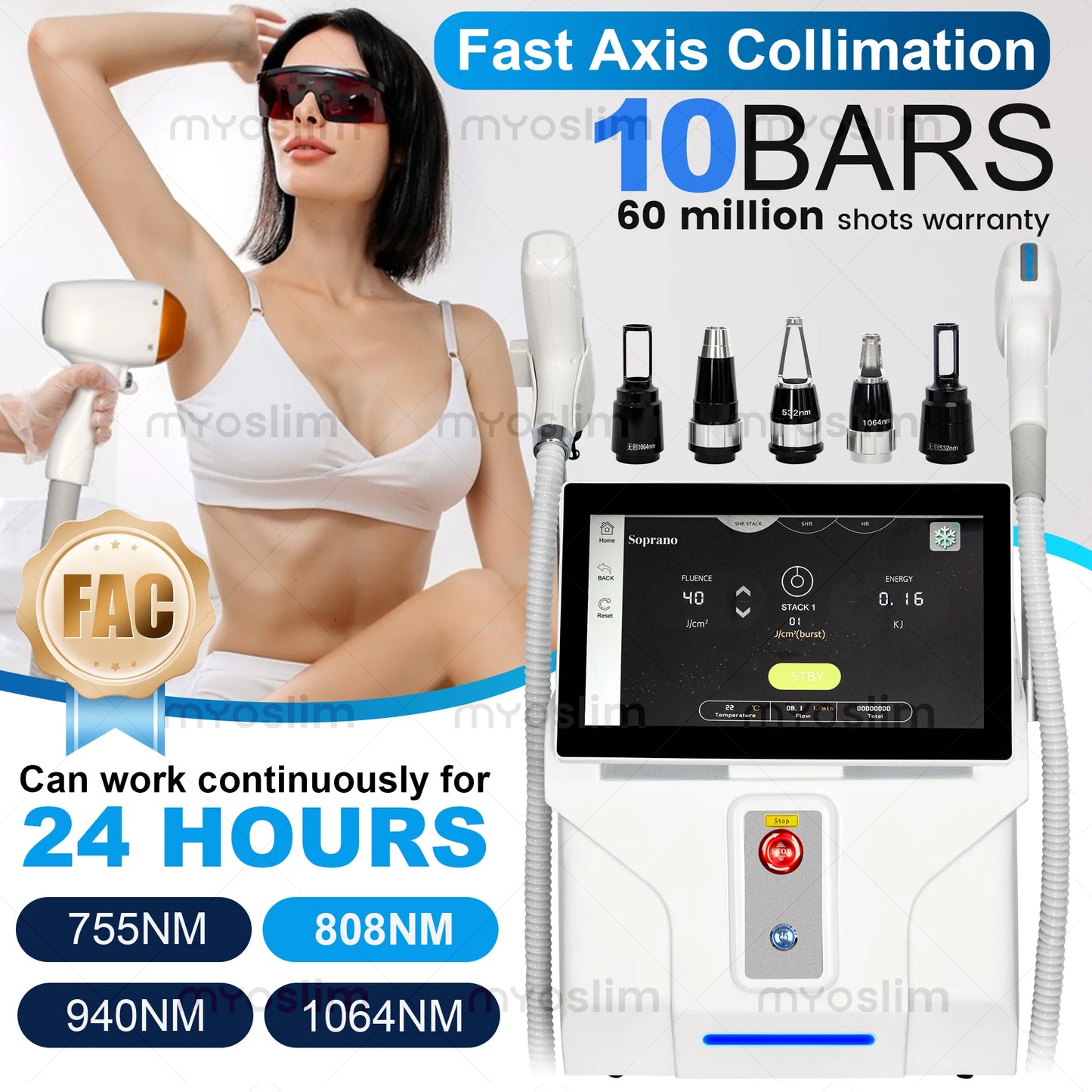 Myoslim 5000W FAC 4 Wavelength 755 808 940 1064Nm 2 In 1 Diode Lase Picosecond Hair Removal Tattoo Removal Beauty Equipment