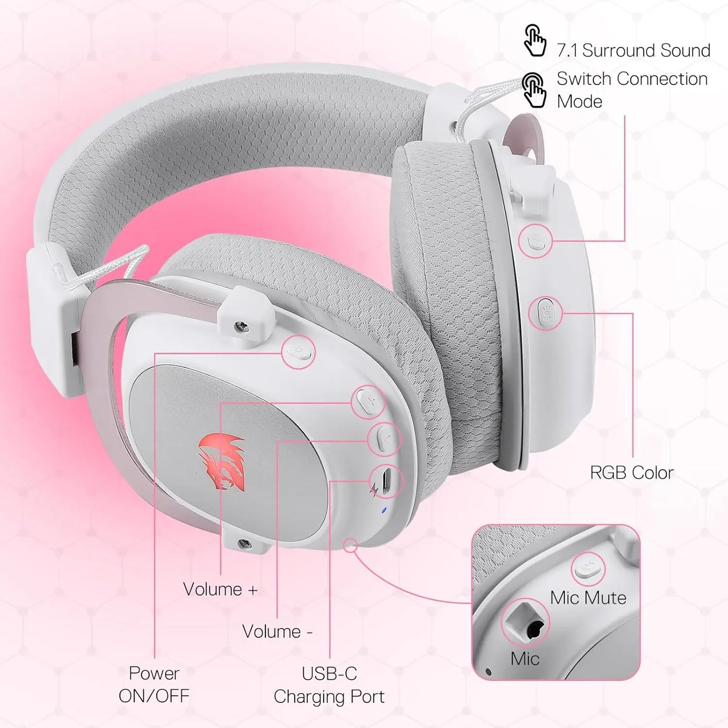 Redragon H510 RGB Wireless Noise Cancelling Gaming Headset Surround Sound
