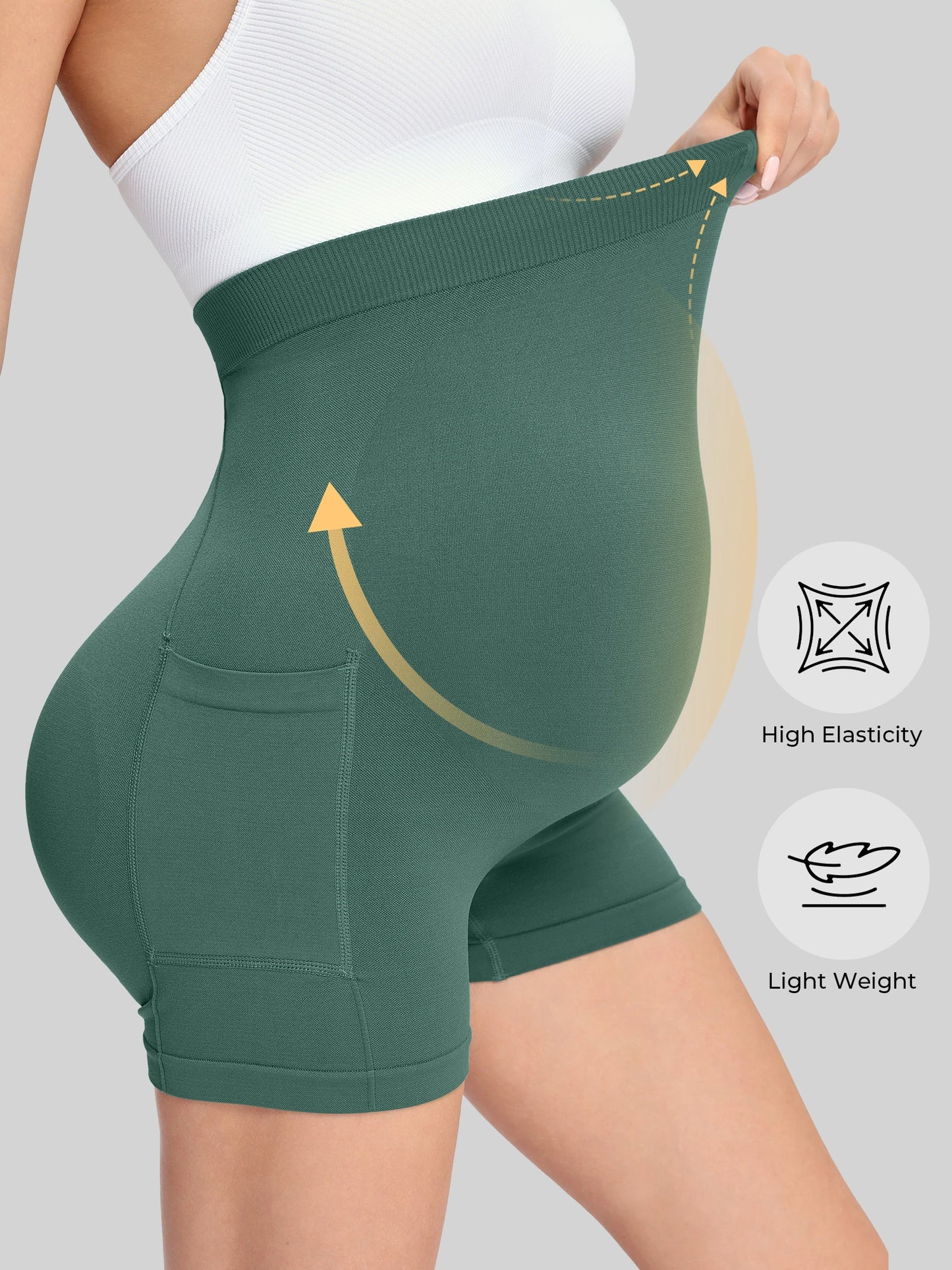 Pregnant women's three part pants, women's pocket shorts, pregnant women's high waist and abdominal support exercise yoga shorts
