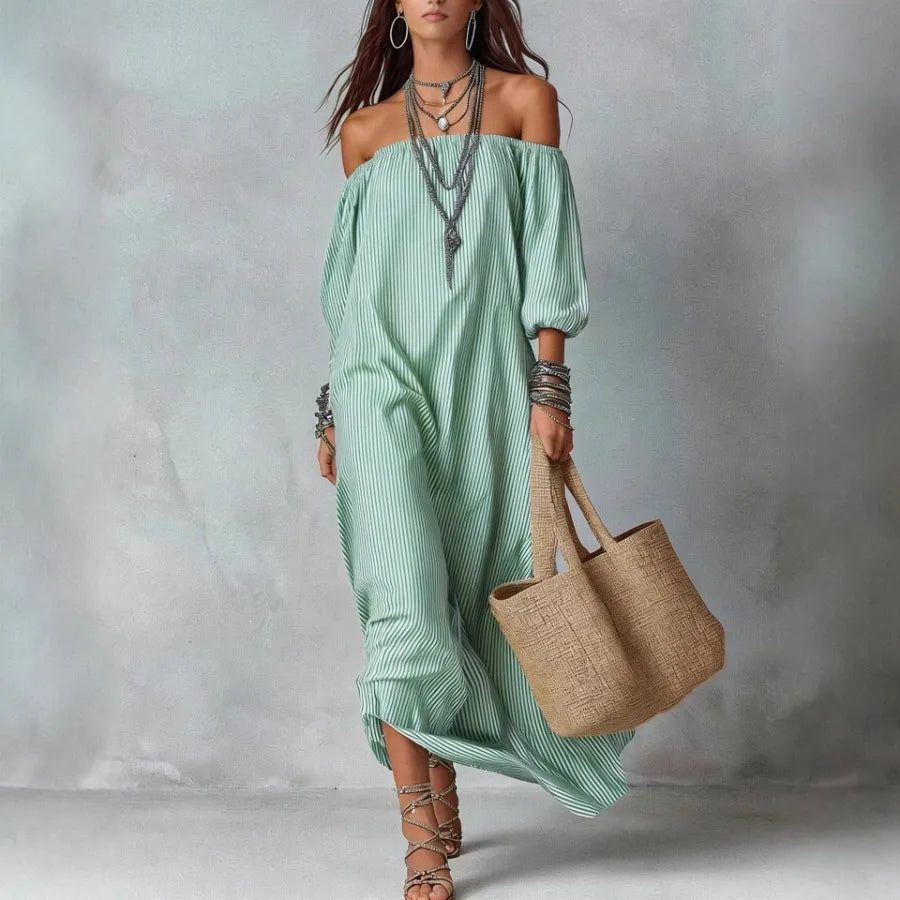【New style】2026 new style in stock - European and American spring and summer elegant stripe off-the-shoulder loose vacation fas