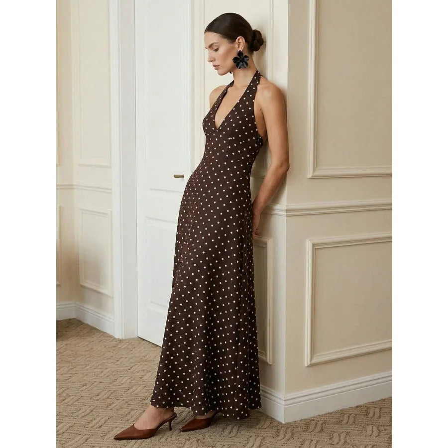 Women's Halter Neck Sleeveless Open Back Dot Print Flowy Dress