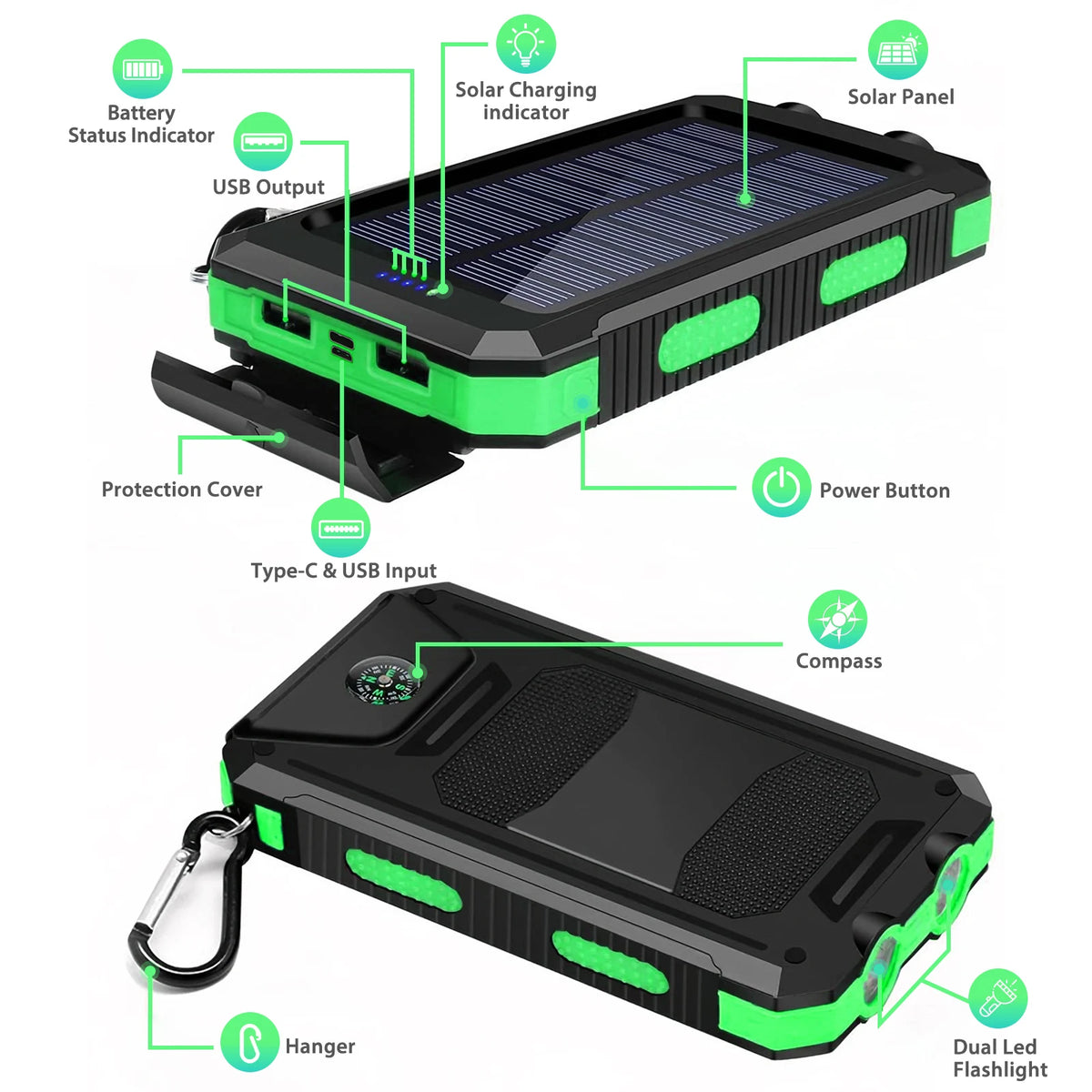 Solar Powered Waterproof Portable Power Bank With LED Flashlight