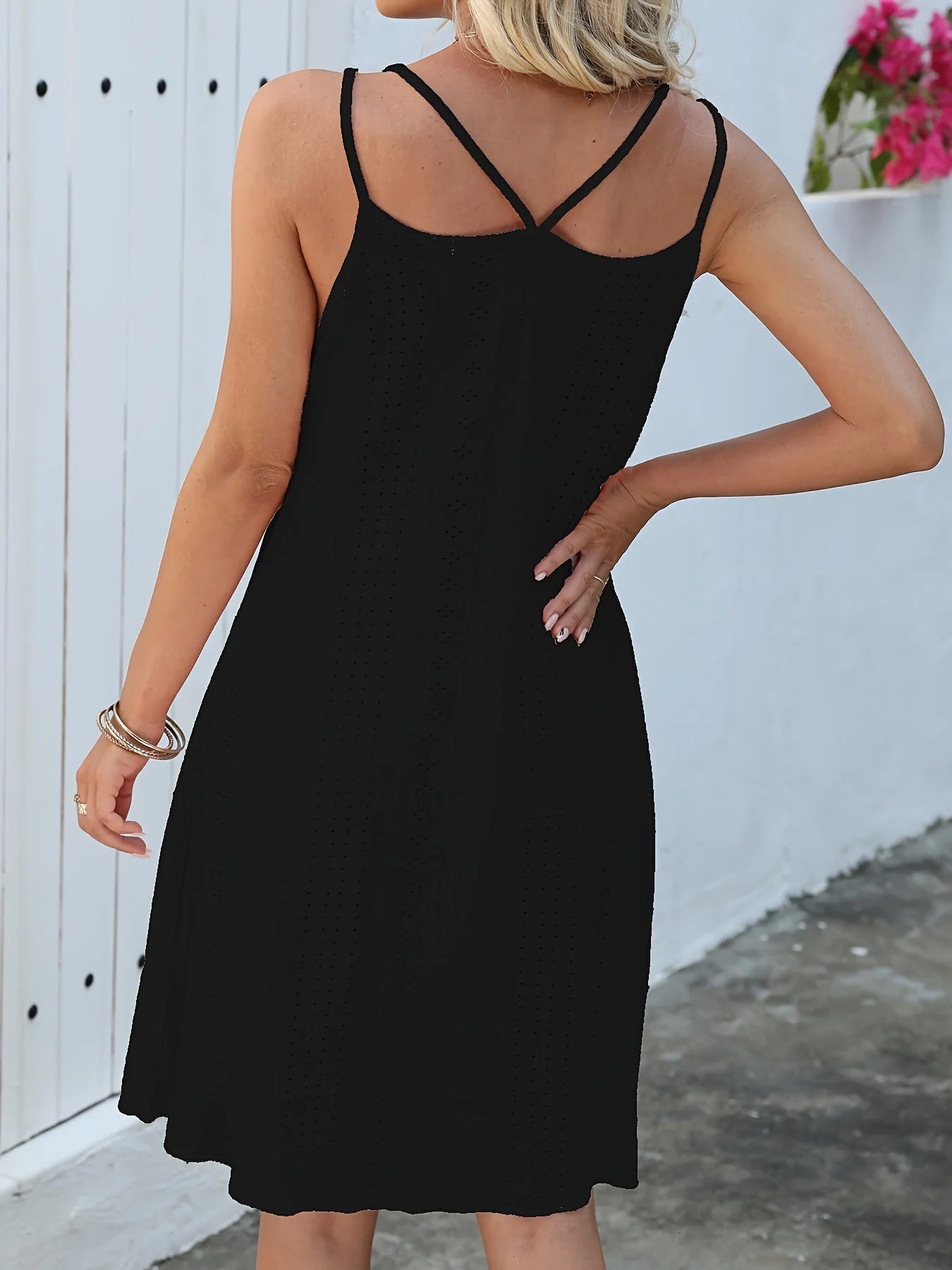 Plus Size Eyelet Jacquard Solid Cami Dress Casual Crew Neck Sleeveless Dress For Spring & Summer Women's Plus Size Clothing