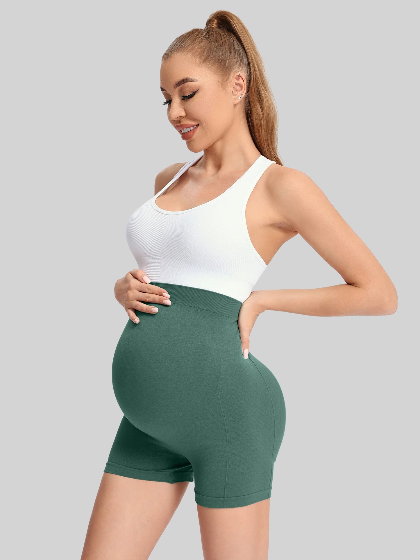 Pregnant women's three part pants, women's pocket shorts, pregnant women's high waist and abdominal support exercise yoga shorts