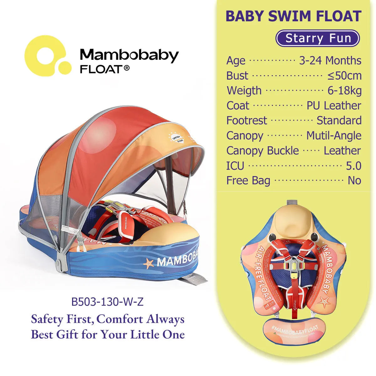 Mambobaby Pool Float With Safety Belt Non Inflatable Canopy Baby