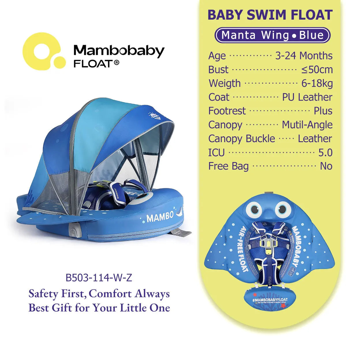 Mambobaby Pool Float With Safety Belt Non Inflatable Canopy Baby
