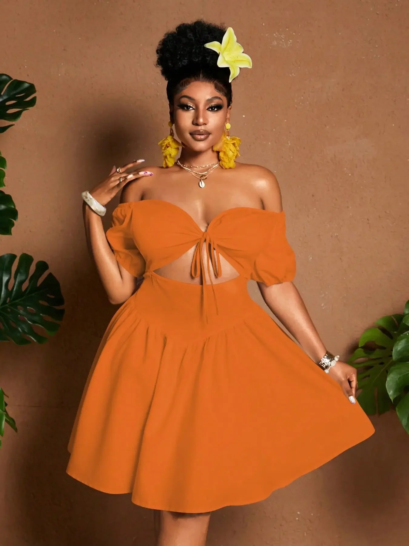 Plus Size Women One-Shoulder Waist-Tie Bubble Sleeve Dress, Summer Vacation Style, Casual Short Dress, Plain Pattern