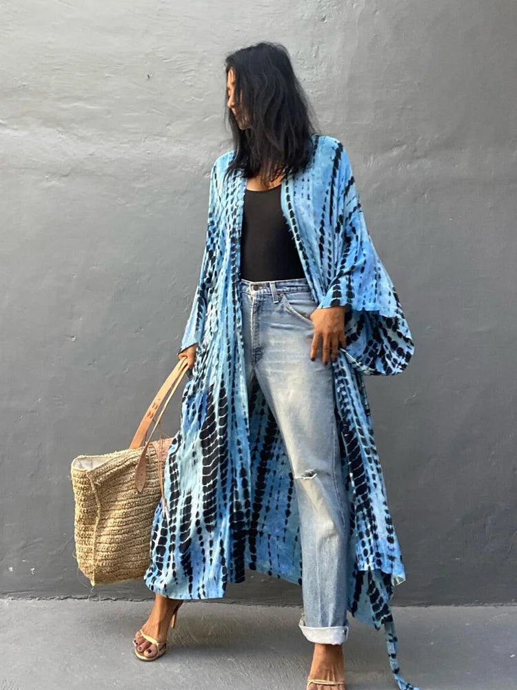 Boho Tie Dye Bikini Cover Up Kimono Cape Beach Dress
