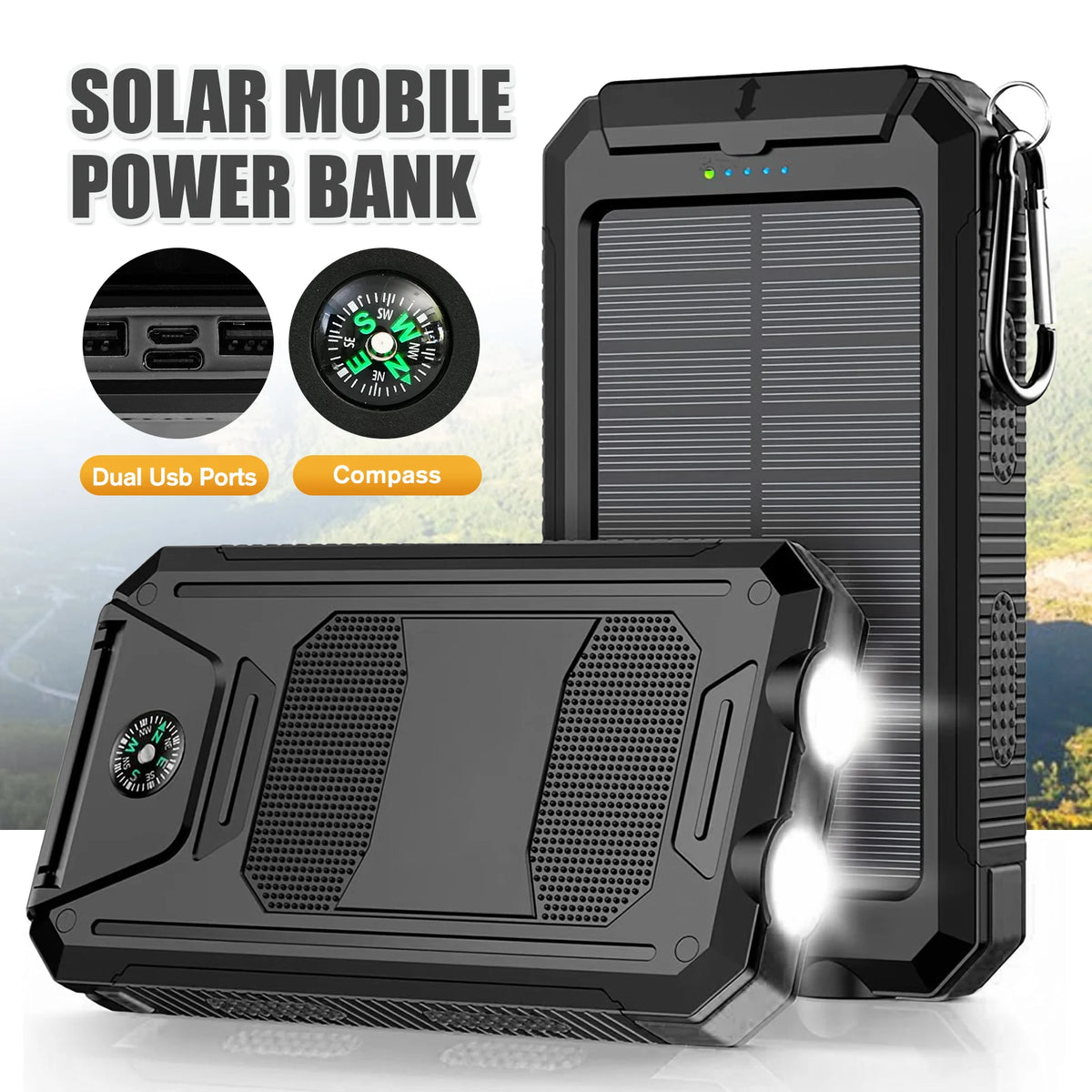 Solar Powered Waterproof Portable Power Bank With LED Flashlight