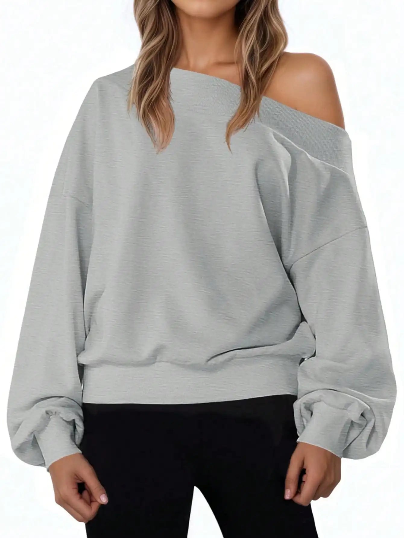 Fisoew Off Shoulder Sweatshirt - Oversized Long Sleeve Pullover | Loose Fit Casual Top | Fall Cozy Streetwear Basic Clothes