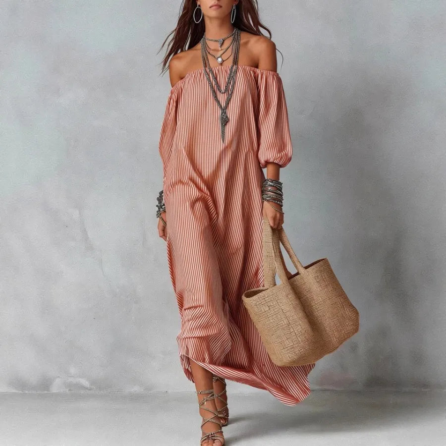 【New style】2026 new style in stock - European and American spring and summer elegant stripe off-the-shoulder loose vacation fas