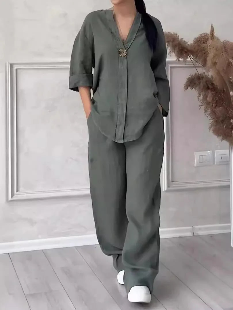 Women's Solid Color 2-Piece Set V-Neck Long Sleeve Top & Wide Leg Pants Casual Loose Lounge Suit Office Lady Simple Set