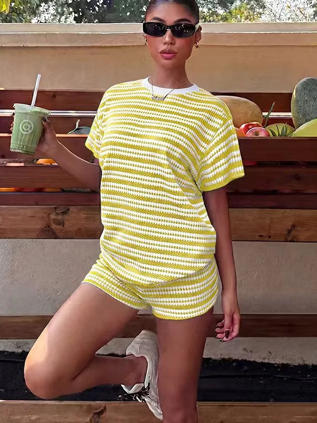 Women's Striped Shorts Set Summer Casual Short Sleeve Knit Top Lounge Wear 2 Piece Set Female Fashion Streetwear Suit