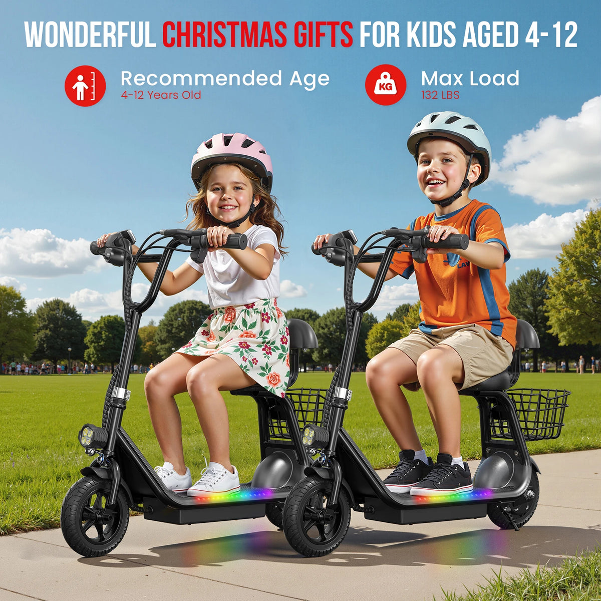 Eilleo Kids Electric Scooter Bluetooth Speaker Foldable Seat Basket