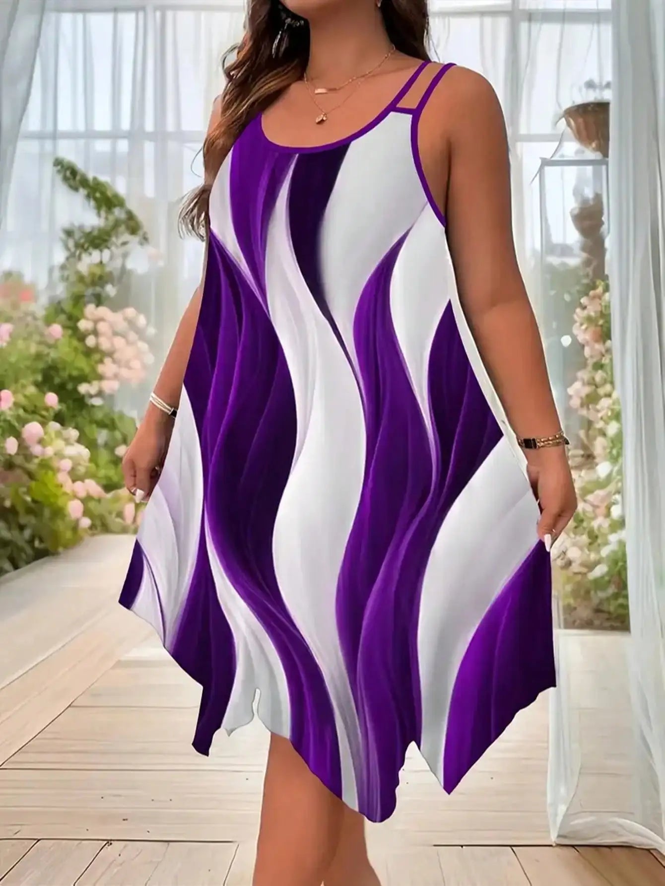 Plus-size women's fashion asymmetrical geometric stripes printed double strap dress