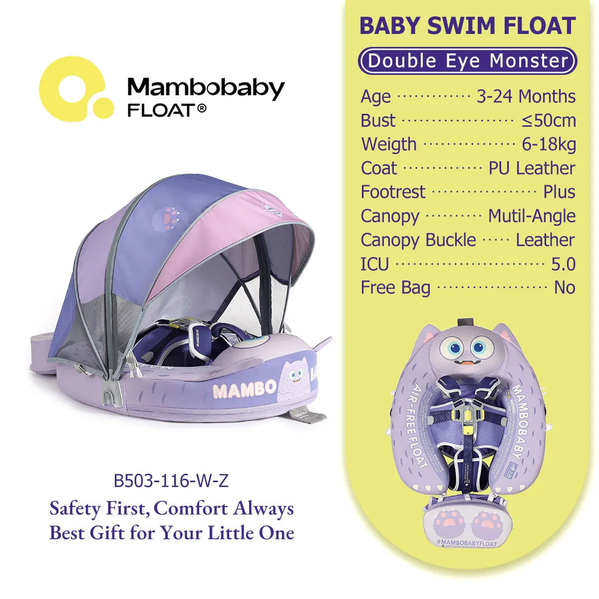 Mambobaby Pool Float With Safety Belt Non Inflatable Canopy Baby
