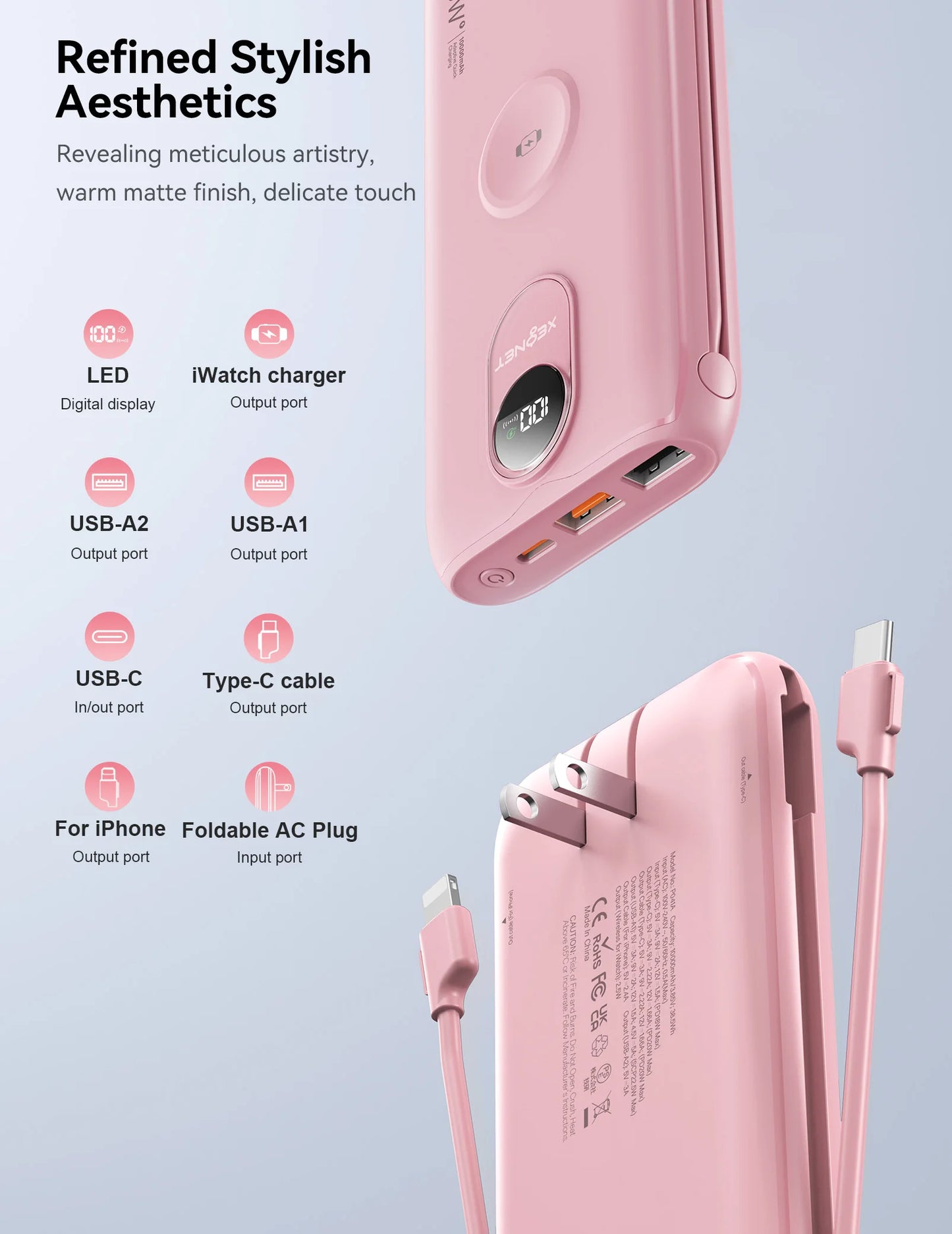 10000mAh Power Bank with AC Wall Plug,22.5W SCP/20W PD Fast Charging,Built-in Cables,Wireless Charger for Apple Watch